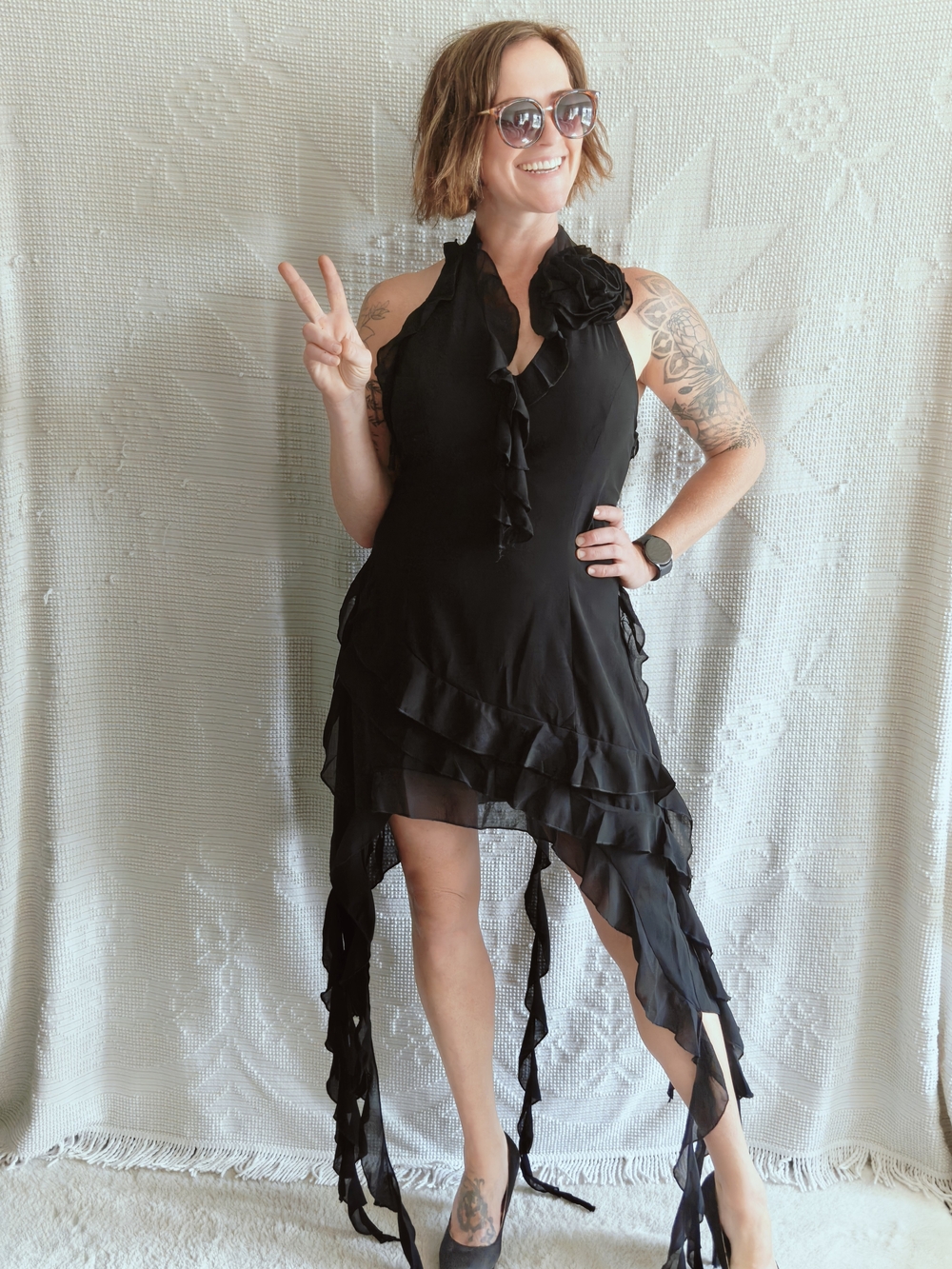 NWT Fashion Nova | Ruffles And Roses Mini Dress | Gothic Black Chiffon Applique